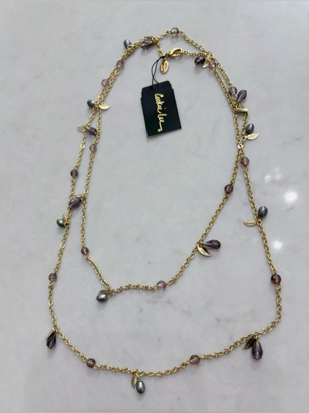 NWT Cookie Lee Purple Bead & Gold Leaf Long Strand Chain Signed Necklace